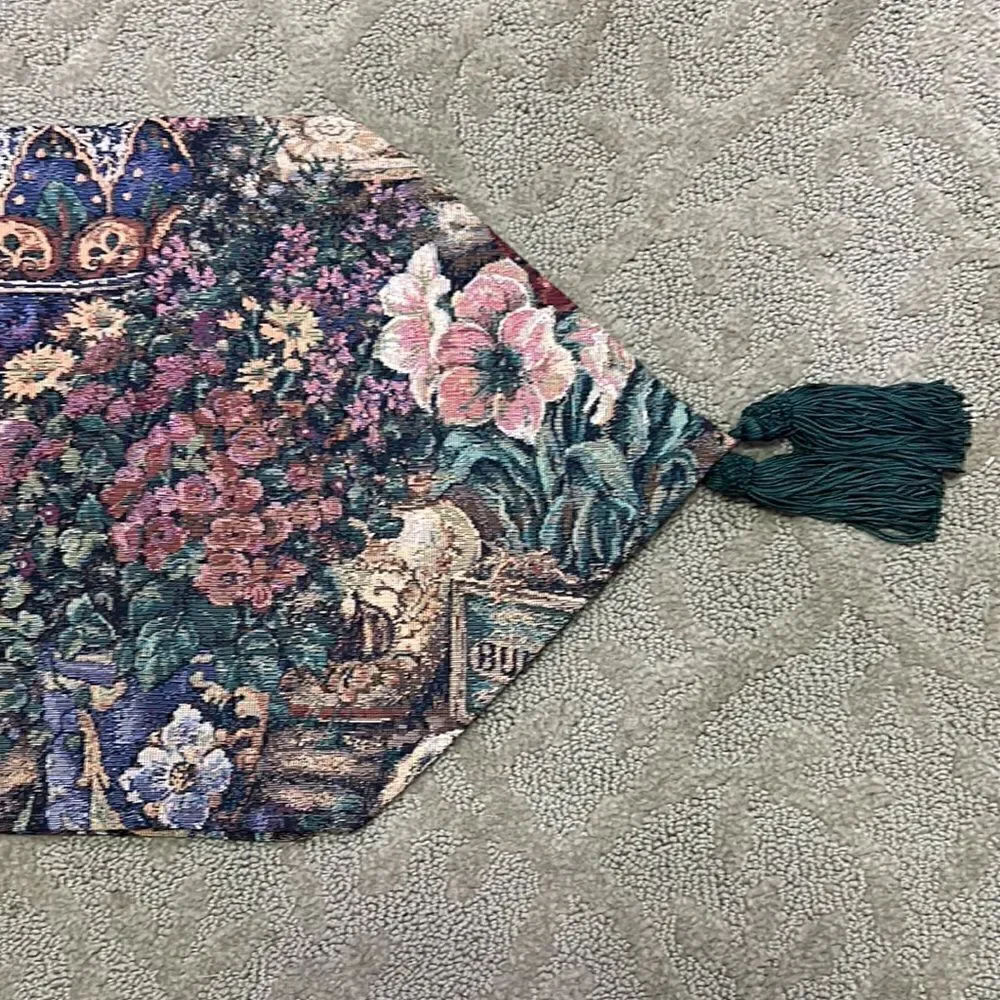 Floral Spring Table Runner Amaryllis Bulbs Hydrangeas Roses with Green Tassels
